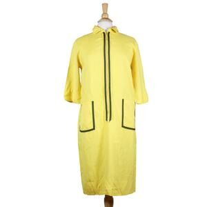 Vintage 60s 70s yellow shirt dress linen trim knee length shift mod sz M